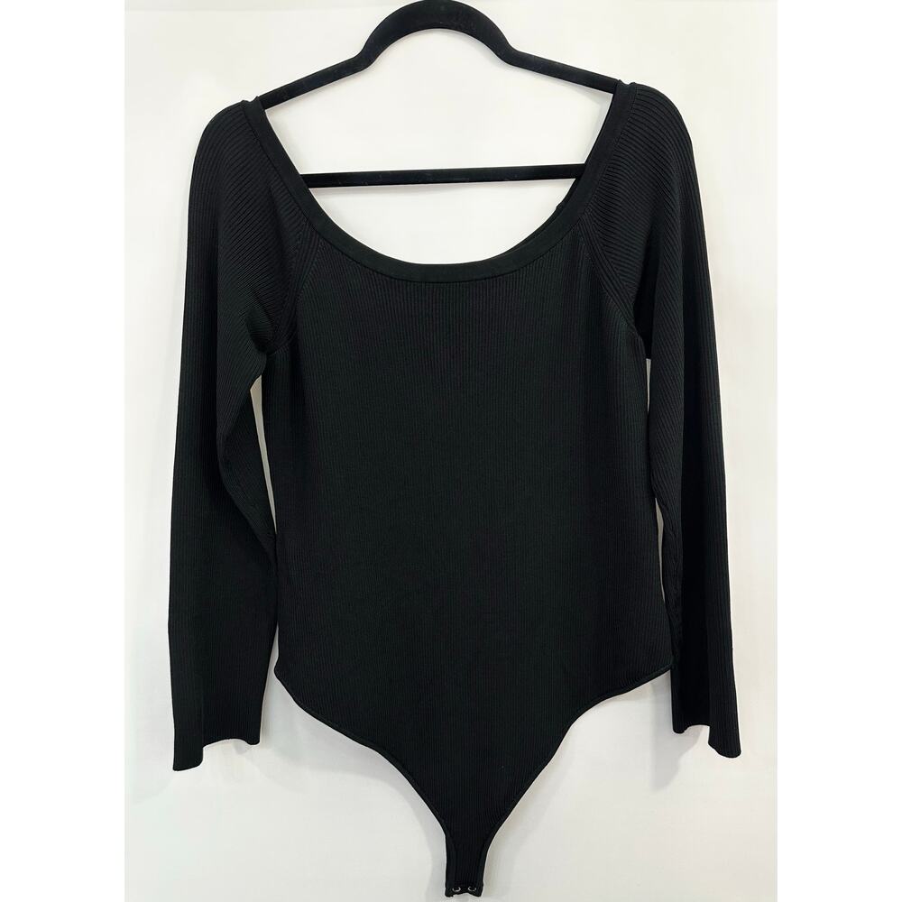 Good American Black Ribbed Long Sleeve Thong Bodysuit Size 7 - Picture 3 of 9